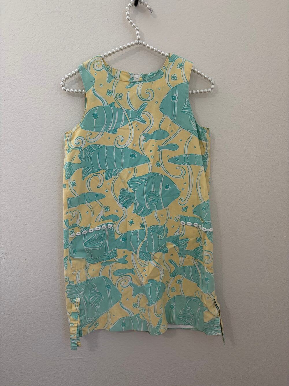 Vintage Lilly Pulitzer Girls Size 12 Dress Yellow Cotton Coastal Fish Beach 90s